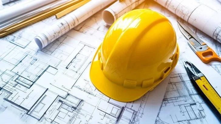 Hard hat on top of construction blueprints